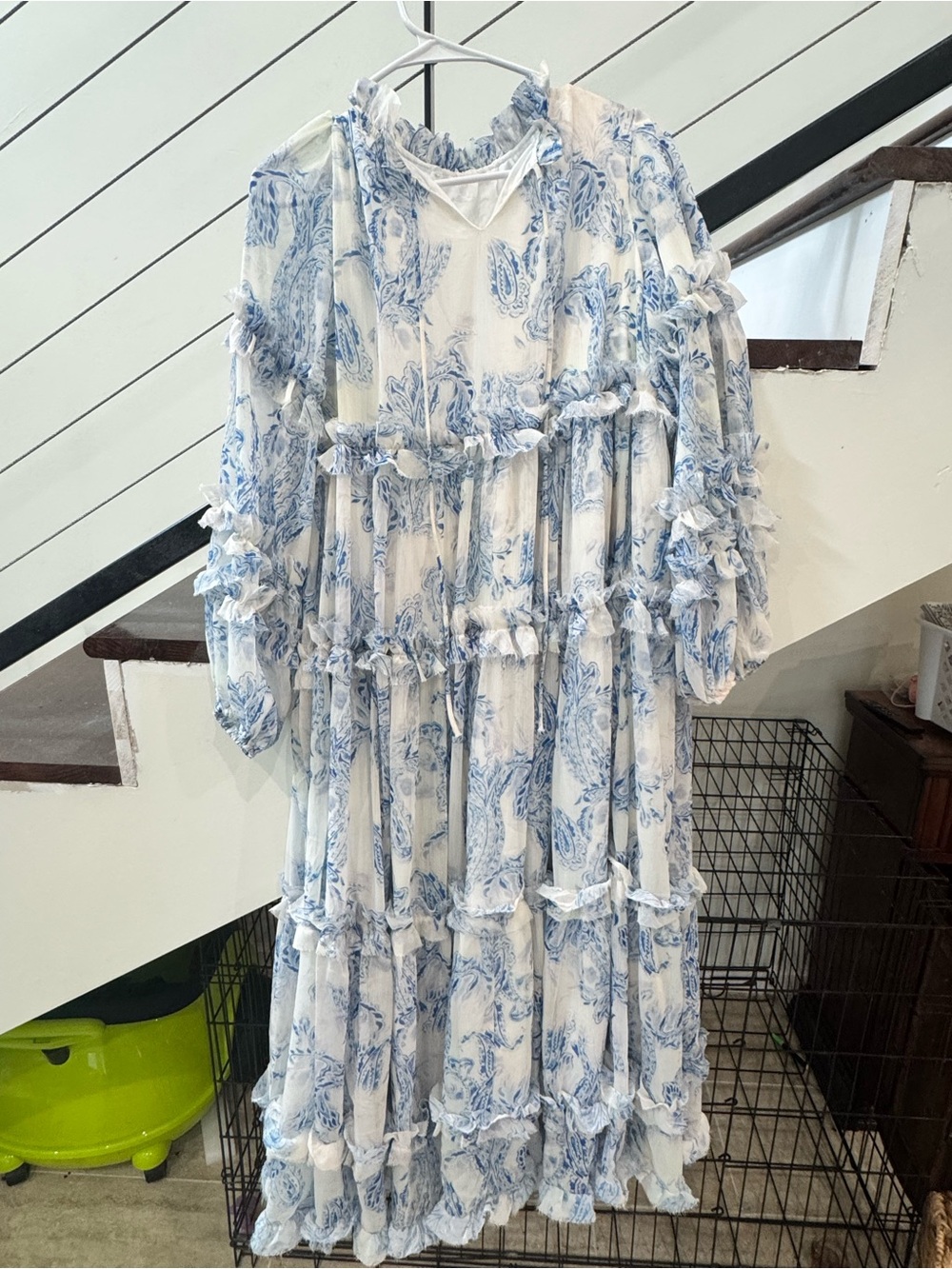 Blue & White Paisley Tiered Women’s Dress OS